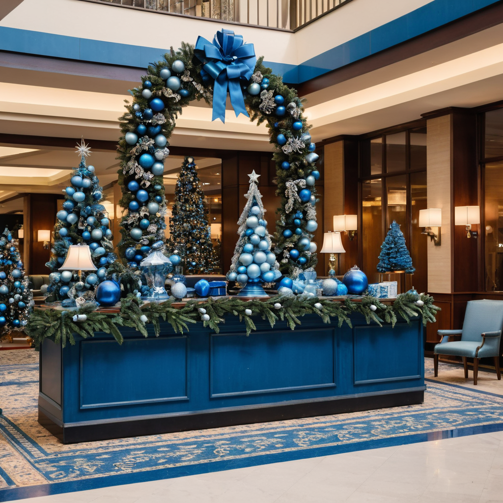 1. Un hall d'hôtel orné d'élégantes décorations de Noël bleues, créant une atmosphère festive et accueillante.
2. Le hall d'entrée d'un hôtel, joliment décoré de décorations de Noël bleues, dégageant un esprit de vacances joyeux.
3. Un hall d'hôtel arborant de superbes décorations de Noël bleues, renforçant l'ambiance festive du hall d'entrée.