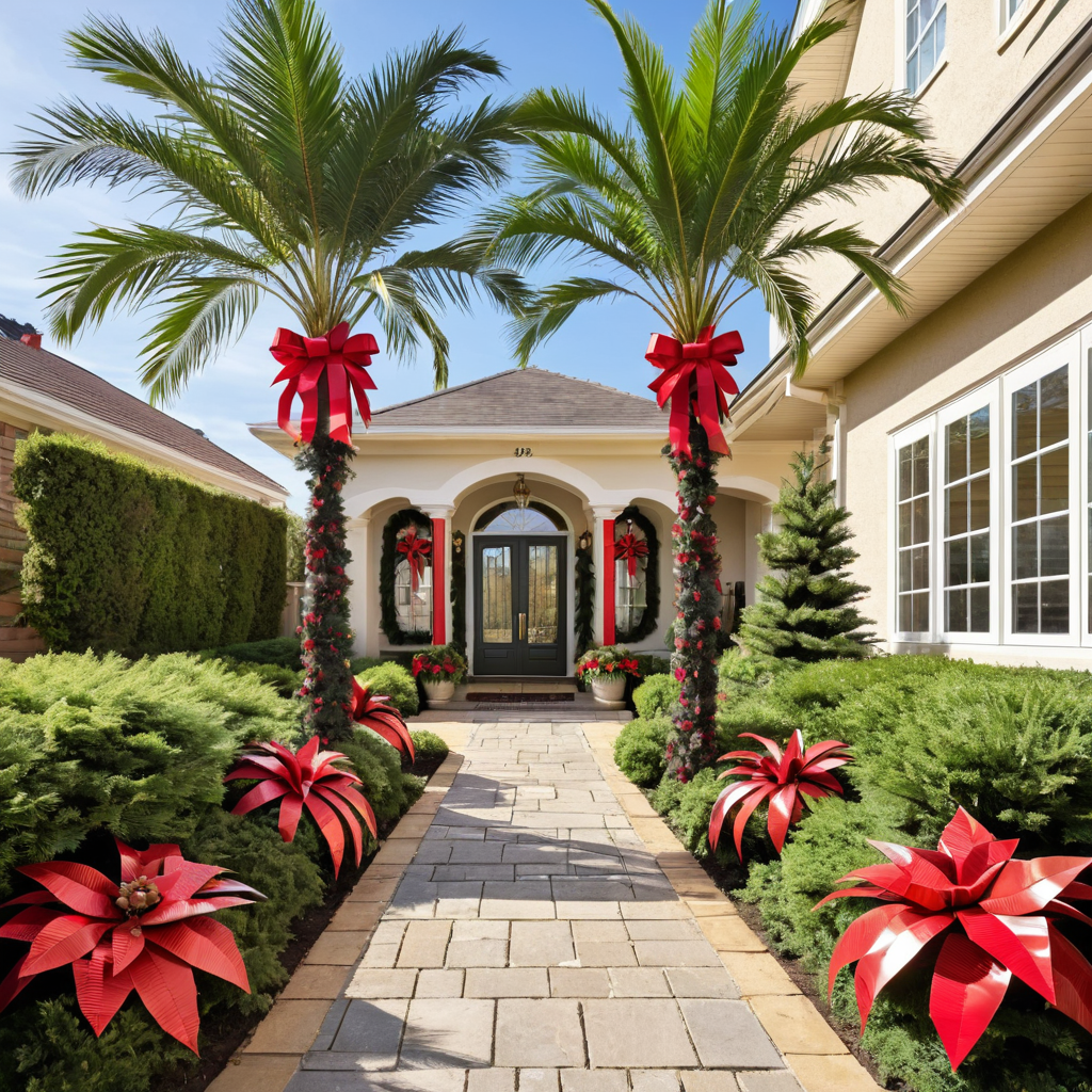 1. Une charmante maison décorée de décorations de Noël, avec des palmiers et des nœuds rouges éclatants.
2. Une maison festive décorée pour Noël, mettant en valeur des palmiers et des nœuds rouge vif pour une atmosphère de vacances joyeuse.
3. Une jolie résidence ornée de décorations de Noël, notamment de palmiers et de nœuds rouges éclatants, créant une scène joyeuse.