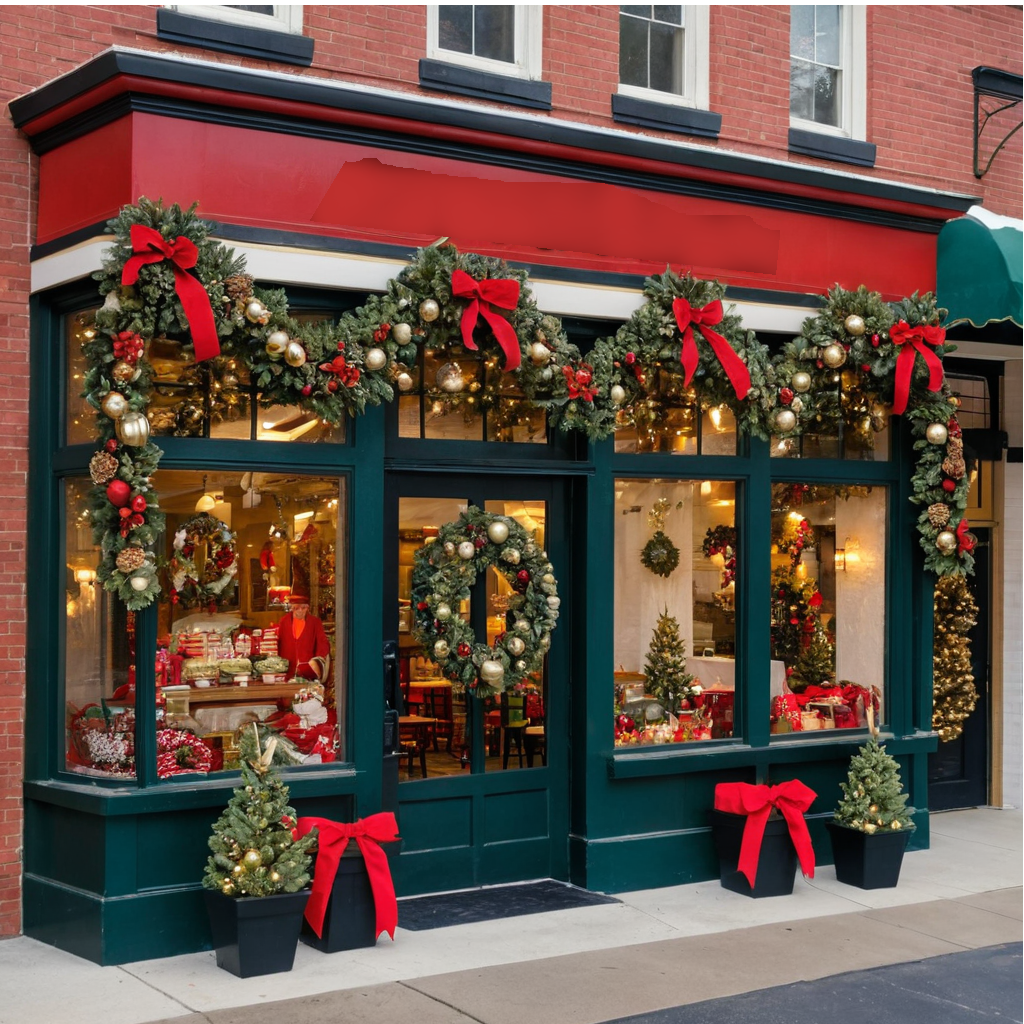 1. A festive restaurant storefront adorned with red and green Christmas decorations, creating a cheerful holiday atmosphere.
2. A charming Christmas-themed restaurant exterior featuring vibrant red and green decorations, inviting guests to celebrate the season.
3. A beautifully decorated restaurant front for Christmas, showcasing red and green ornaments that enhance the holiday spirit.