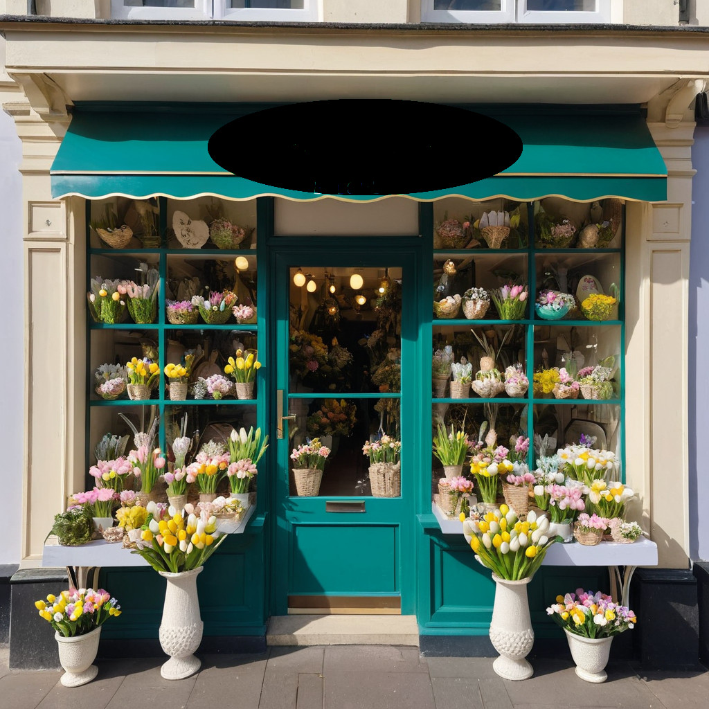 1. Un magasin de fleurs décoré de décorations de Pâques, avec un auvent vert vif qui renforce son attrait festif.
2. Un charmant magasin de fleurs avec un auvent vert, joliment décoré pour Pâques, mettant en valeur une atmosphère accueillante.
3. Un magasin de fleurs sur le thème de Pâques sous un auvent vert, invitant les clients avec ses compositions florales et ses décorations colorées.