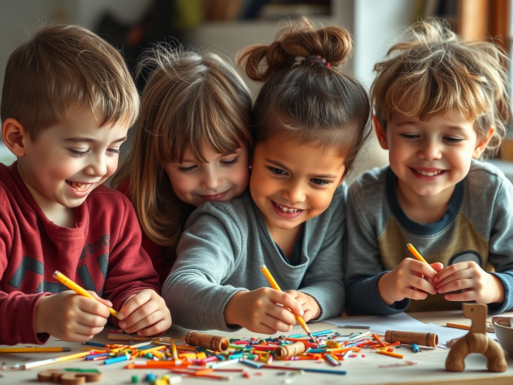 1. Quatre enfants jouant joyeusement avec des crayons de couleur, mettant en valeur leur créativité et leur rire dans un cadre dynamique.
2. Une scène animée de quatre enfants jouant avec des crayons de couleur, incarnant le plaisir et l'expression artistique.
3. Quatre enfants utilisant joyeusement des crayons de couleur, illustrant un moment de créativité et de joie dans leur interaction ludique.