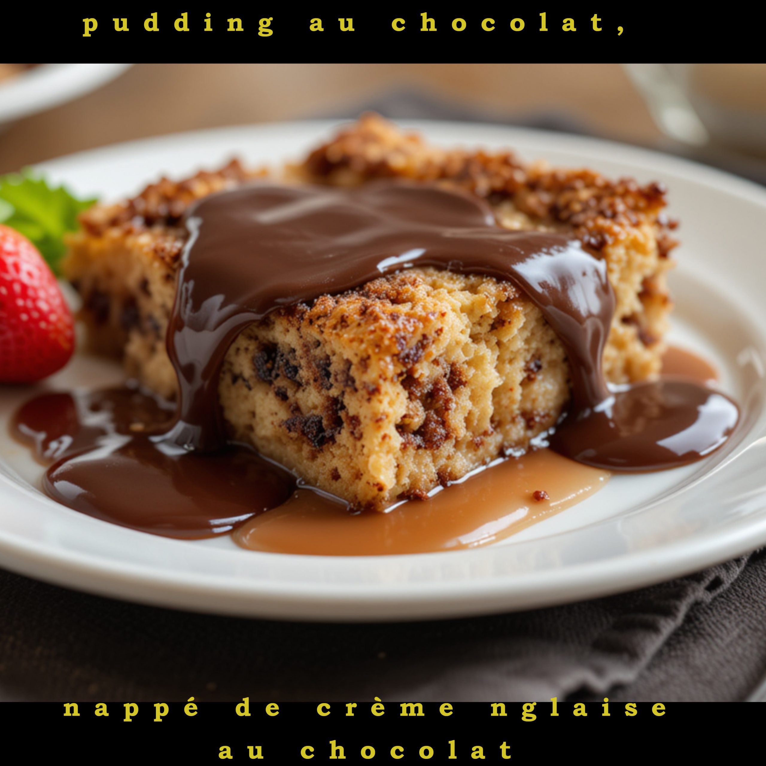 Une portion de gรขteau au pudding au pain sur une assiette, รฉlรฉgamment ornรฉe de sirop, soulignant sa saveur et son attrait.