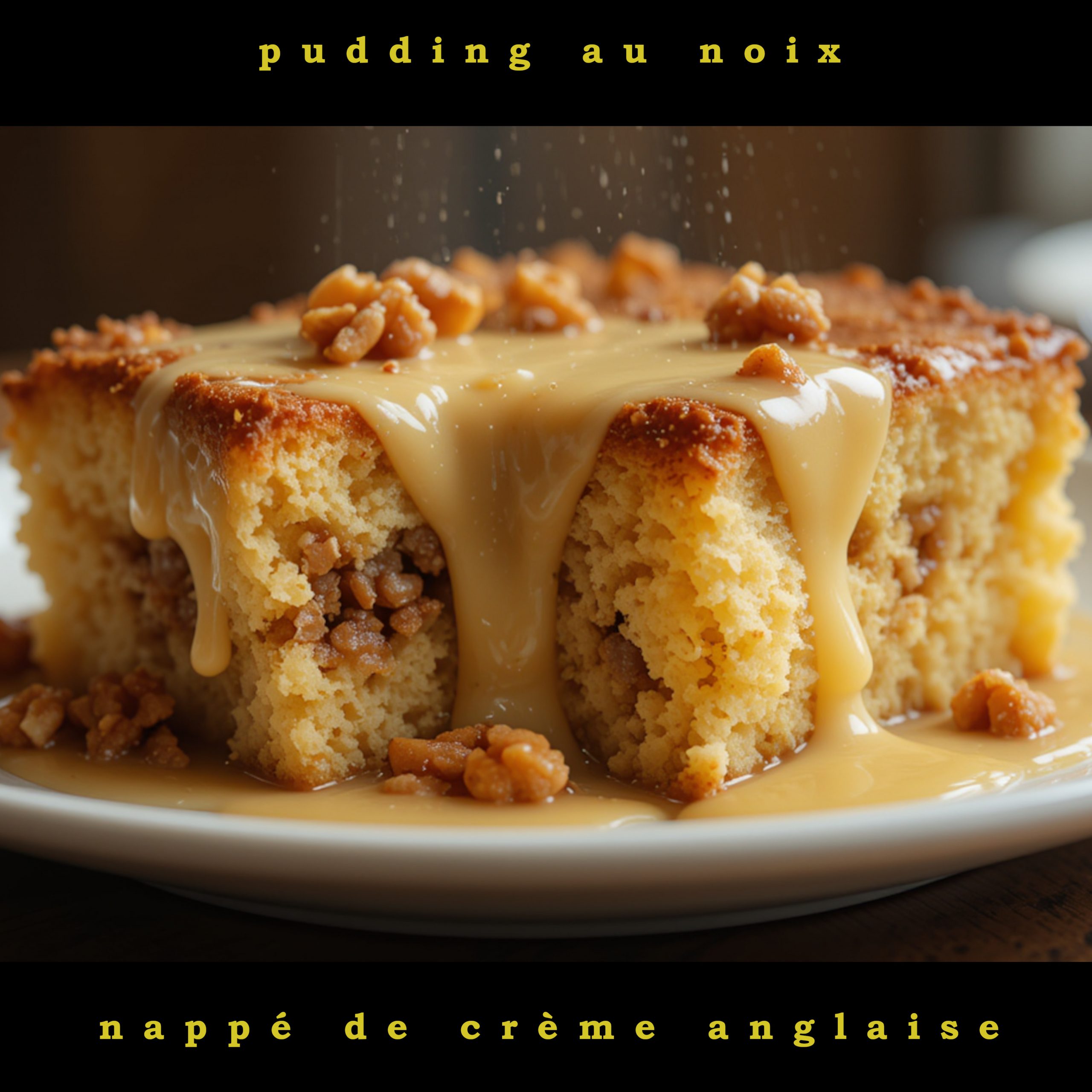 Un dรฉlicieux morceau de gรขteau au pudding au pain sur une assiette, recouvert d'une couche brillante de sirop, prรชt ร รชtre dรฉgustรฉ.