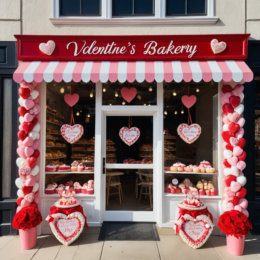 1. Une devanture de boulangerie pour la Saint-Valentin à Dubaï, ornée de décorations en forme de cœur sur les vitrines, invitant les clients à entrer.
2. Une devanture de boulangerie à Dubaï décorée pour la Saint-Valentin, avec des motifs de cœur sur les vitrines pour attirer les clients.
3. Une charmante boulangerie à Dubaï, mettant en valeur le thème de la Saint-Valentin avec des décorations en forme de cœur sur ses vitrines, renforçant son attrait.