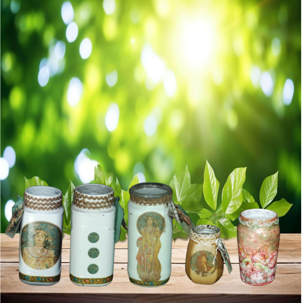 1. A collection of jars featuring various intricate designs, showcasing unique patterns and colors.
2. An assortment of jars, each adorned with distinct and artistic designs, arranged together for display.
3. A diverse group of jars, each with unique decorative patterns, highlighting their individual styles and craftsmanship.