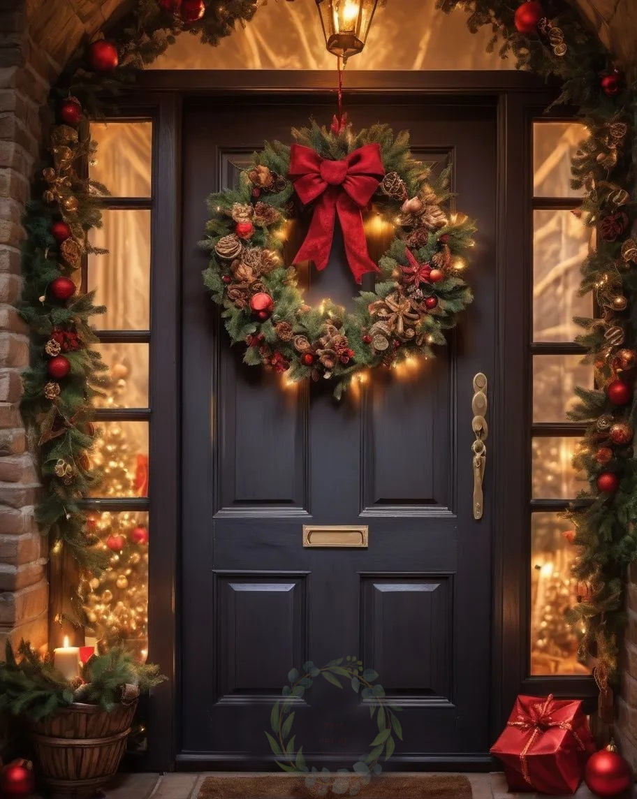 1. A festive front door adorned with Christmas decorations, including wreaths, lights, and garlands, welcoming the holiday spirit.
2. A beautifully decorated front door featuring Christmas ornaments, a wreath, and twinkling lights, embodying holiday cheer.
3. A charming front door embellished with Christmas decorations, showcasing a wreath and colorful lights, inviting the festive season.