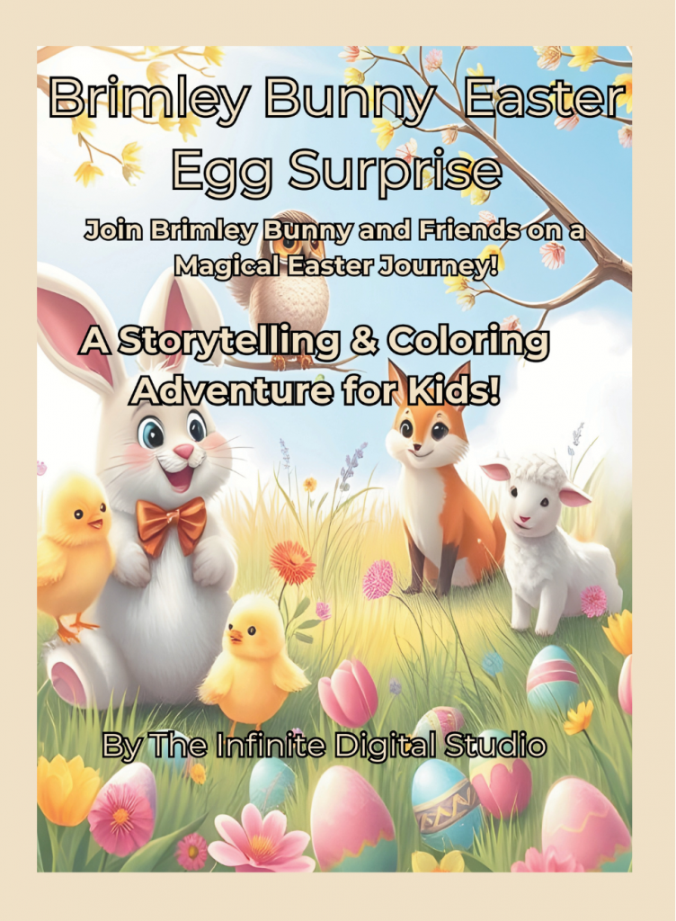 Cover of "Brimley Bunny's Easter Egg Surprise" children's book, featuring Brimley Bunny holding a colorful Easter egg amidst a vibrant spring setting.